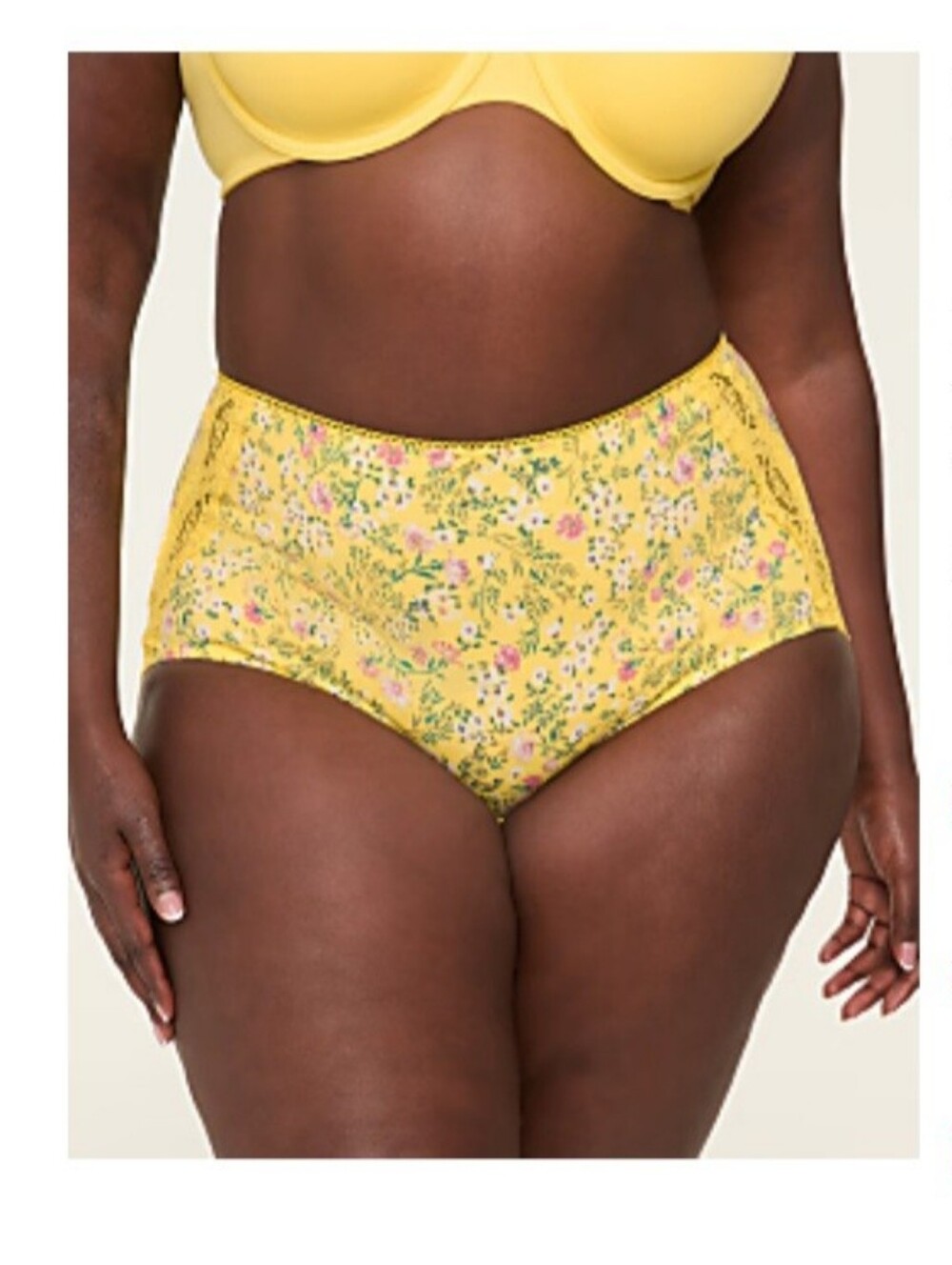 Cacique Yellow Floral Cotton Full Brief with Lace Trim